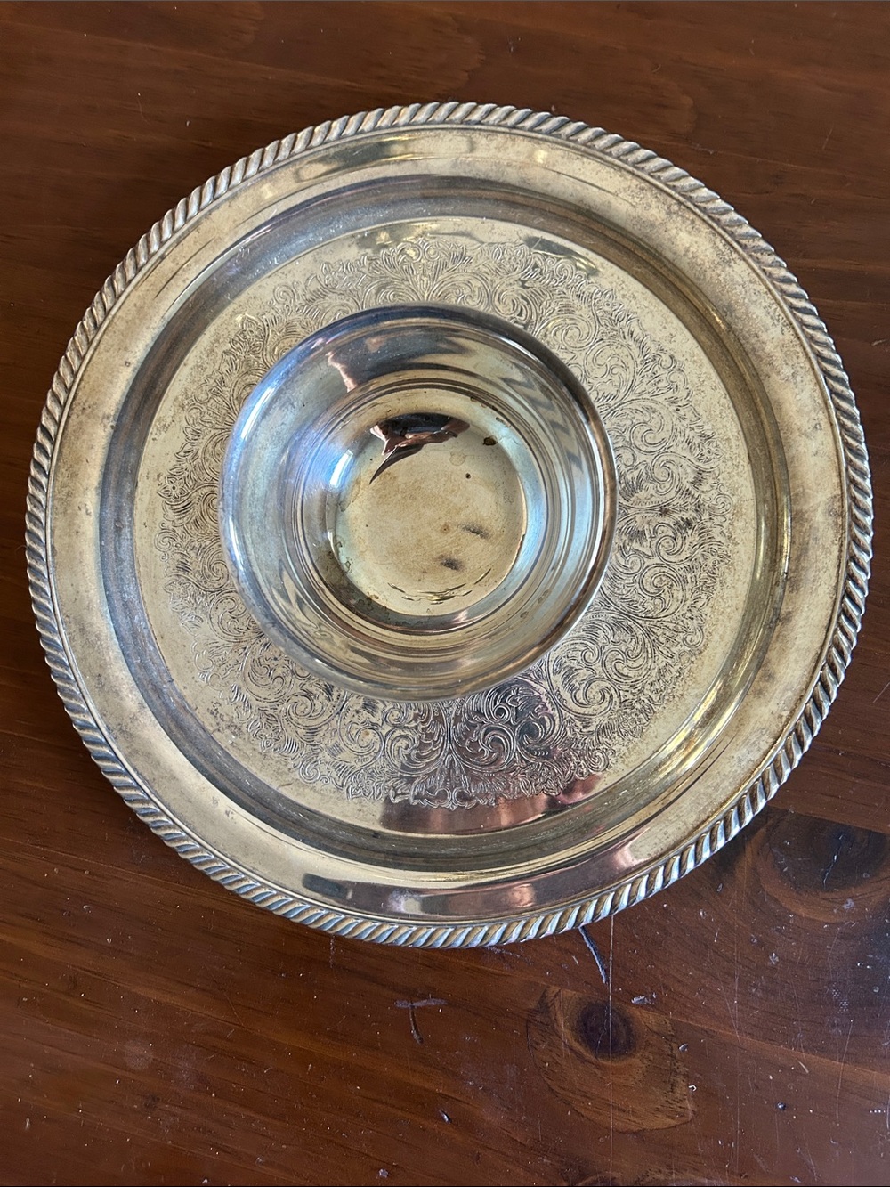 VTG Wm A Rogers Engraved Silverplate Serving Tray with attached Bowl